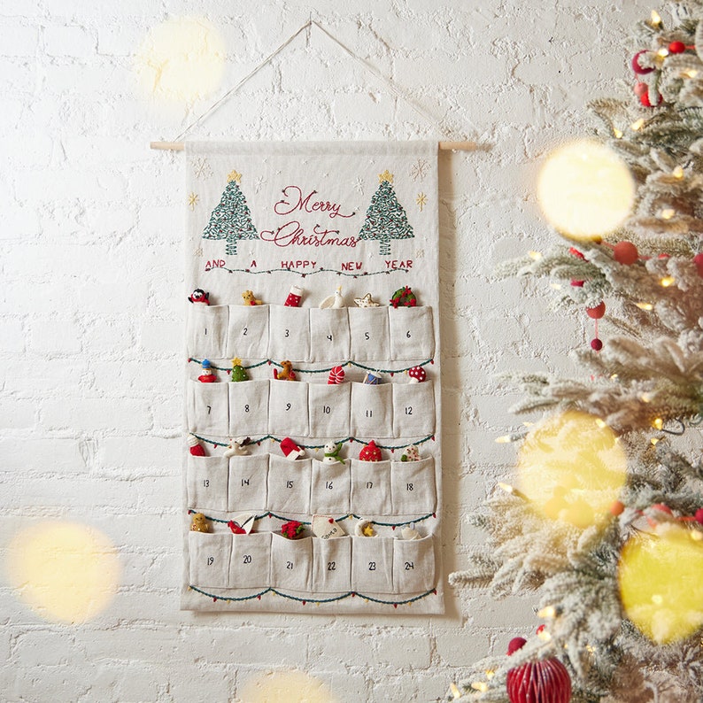 Bundle: Linen Advent Calendar with Set of 24 Mini Ornaments, Hand Embroidered Countdown Calendar, Handmade Christmas Decor image 1