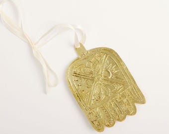Sun & Moon Etched Brass Hamsa Ornament, Handcrafted Gold Metal Christmas Holiday Charm