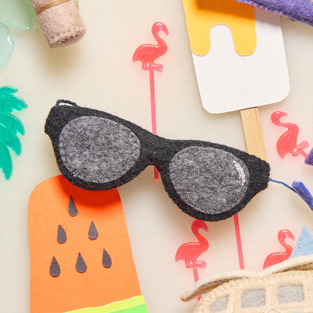Stay Cool Sunglasses Ornament, Hand Felted Black Eyeglasses, Handmade Summertime Charm