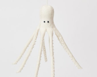 White Long Legs Octopus Ornament, Hand Felted Ocean Animal, Handmade Sealife Charm