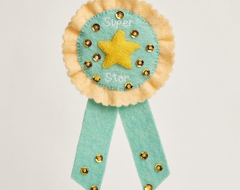 Super Star Ribbon Badge, Hand Felted Congratulatory Pin, Handmade Merit Ribbon