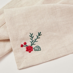 Holiday Blooms Napkin Set, Linen Table Napkins, Hand Embroidered Christmas Table Decor image 3