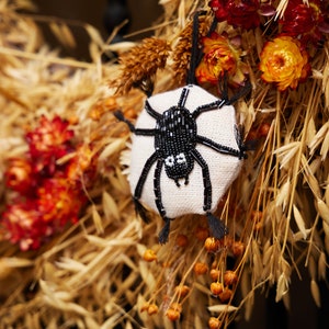 Spider Web Beaded Ornament, Hand Embroidered Black Tarantula, Handmade Halloween Charm image 2