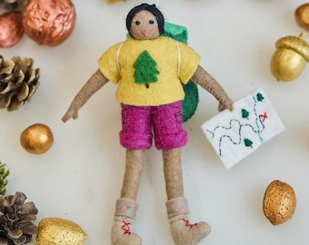 On The Trail Backpacker Ornament - Brown, Hand Felted Girl Hiker Ornament, Handmade Camping Trip Charm