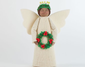 Santa Lucia Angel Tree Topper - Brown Skin and Brown Hair, Hand Felted Christmas Tree Adornment, Handmade Festive Home Decor