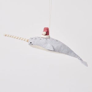 Santa Gray Blue Narwhal Ornament, Hand Felted Ocean Whale Animal Ornament, Handmade Seaside Christmas Charm