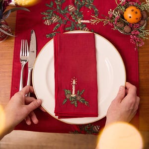 Red Candle Linen Napkins - Set of 4, Hand Embroidered Cloth Linens, Hand Stitched Festive Dinner Table Decor