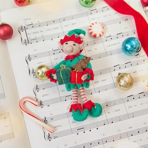 Elf with Gifts Ornament, Hand Felted Toy Maker Charm, Handmade Christmas Decor