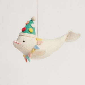 Happy Birthday Beluga Whale, Hand Felted Ocean Animal Ornament, Handmade Festive Gift