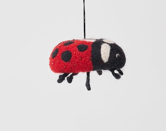 Garden Ladybug Ornament, Hand Felted Red and Spotted Beetle, Handmade Good Luck Charm