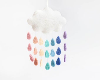 Pastel Rainbow Drop Cloud, Hand Felted Multicolored Rain Ornament, Handmade Nursery Mobile