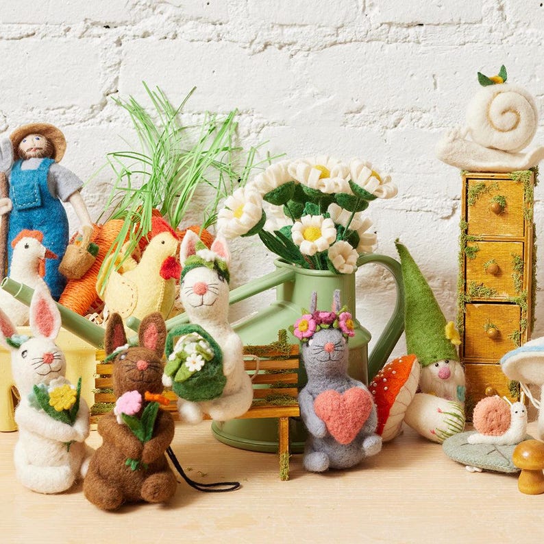 Spring Flowers White Bunny Ornament, Hand Felted Rabbit Charm, Handmade Easter Decor image 4