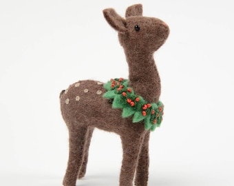 Deer with Holly Wreath, Hand Felted Brown Reindeer Ornament, Handmade Christmas Charm