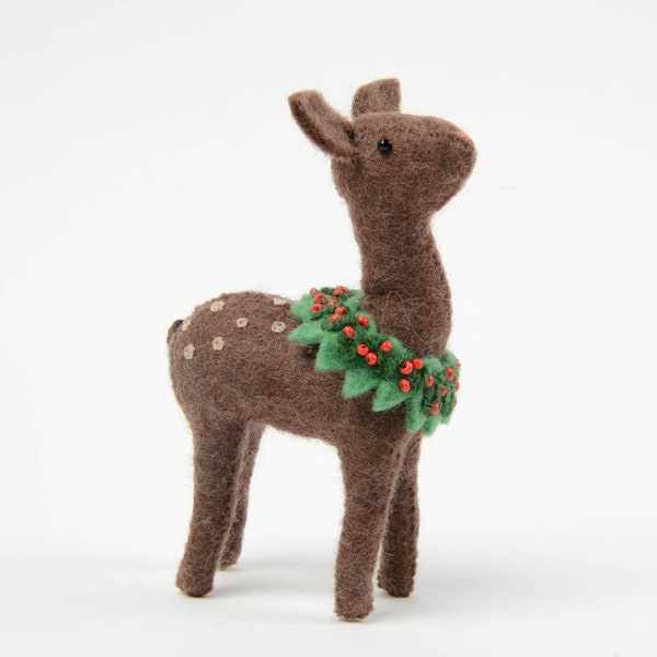 Deer with Holly Wreath, Hand Felted Brown Reindeer Ornament, Handmade Christmas Charm
