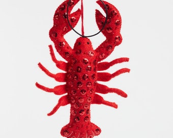 Bejeweled Red Lobster, Hand Felted Ocean Animal Ornament, Handmade Seaside Charm