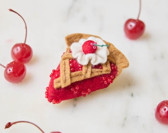 Cherry Pie Slice Ornament, Handmade Felt Dessert Decor, Americana Bakery Keepsake, Nostalgic Sweet Treat Charm