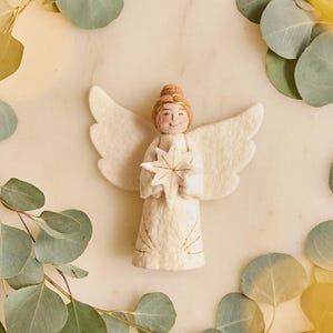 Angel with Star of Bethlehem, Hand Felted White Celestial Holiday Decor, Handmade Small Christmas Tree Topper