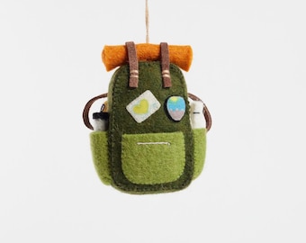 Love Camping Backpack Ornament, Hand Felted Hiking Trip Charm, Handmade Outdoor Adventure Decor