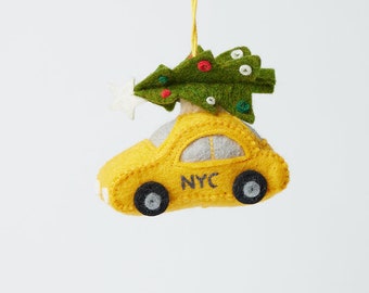 Holiday Taxi, Hand Felted NYC Yellow Cab Ornament, Handmade New York City Christmas Charm