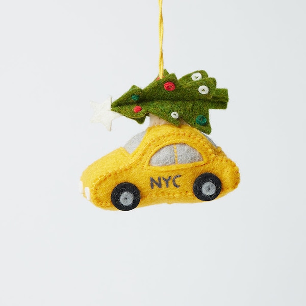 Holiday Taxi, Hand Felted NYC Yellow Cab Ornament, Handmade New York City Christmas Charm