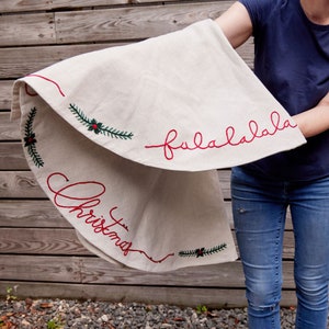 Merry Christmas Tree Skirt, Hand Embroidered Linen Tree Stand Covering, Handmade Christmas Decor