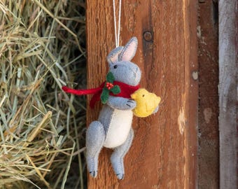 Gray Holiday Bunny with Chick Ornament, Handmade Felt Spring Woodland Decor, Christmas Rabbit Gift, Whimsical Farm Animal Collectible