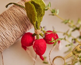 Radish Bunch Ornament, Hand Felted Foodie Charm, Handmade Spring Garden Decor