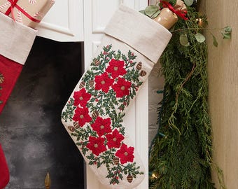 Natural Festive Poinsettia Linen Stocking, Hand Embroidered Cotton Blend Christmas Bootie, Handmade Festive Holiday Decor