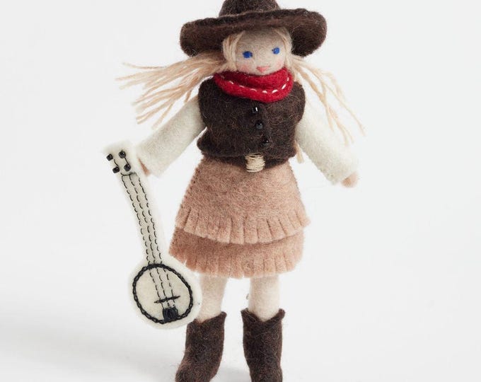 Banjo Cowgirl Ornament, Hand Felted Country Girl Charm, Handmade Southwestern Decor
