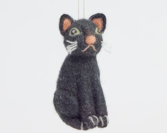 Black Cat Ornament, Hand Felted Kitty Charm, Handmade Halloween Decor
