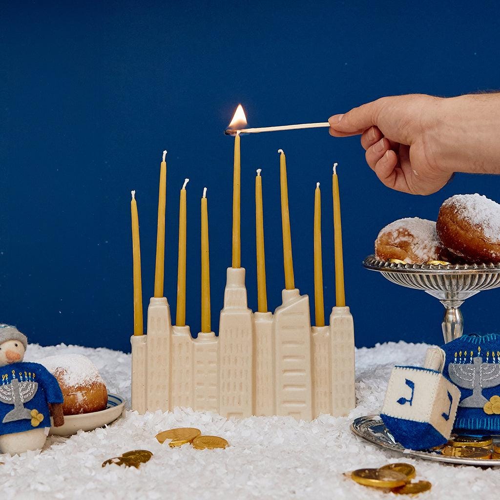 NYC Skyline Ceramic Menorah & Candle Set, Handcrafted Hanukkah
