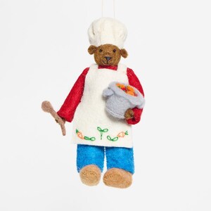 Chef Bear Ornament, Hand Felted Cooking Teddy Charm, Handmade Foodie Decor