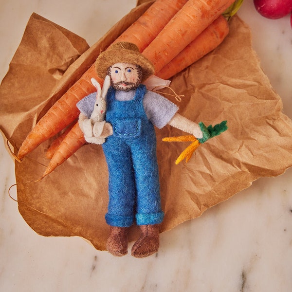 Farmer with Bunny Ornament, Hand Felted Harvesting Charm, Handmade Spring Decor