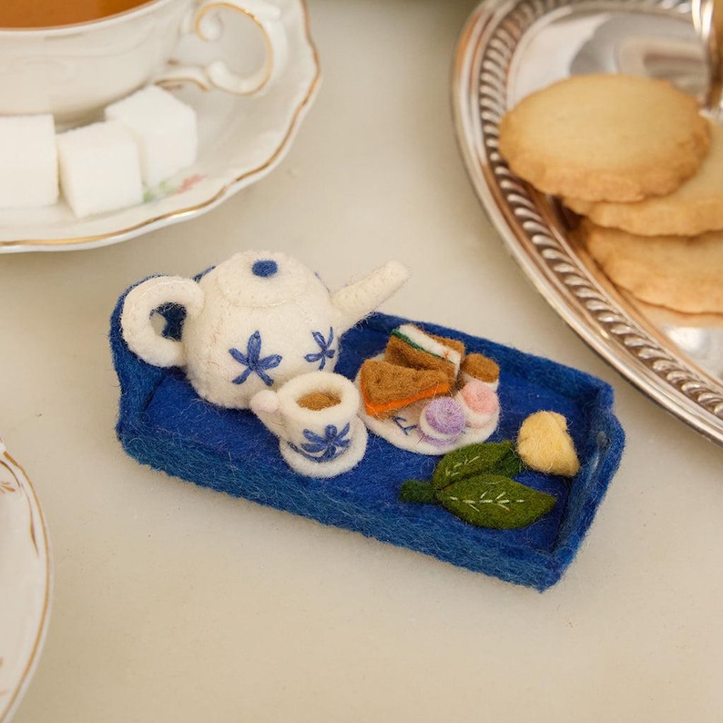 Tea Tray Ornament, Handmade Afternoon Tea Keepsake, Cottagecore Decor Gift, Felt Teapot and Treats for Cozy Holiday Decoration image 5