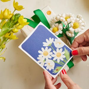 Tarjeta de felicitación con margaritas, papelería de primavera, tarjeta con notas de flores
