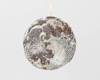 Moon Beaded Ornament, Handmade Celestial Keepsake, Galaxy Holiday Tree Decor, Lunar Themed Christmas Gift, Earth And Space Ornament