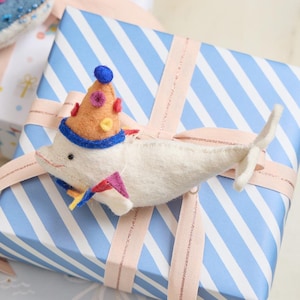 Life of the Party Beluga Whale Ornament, Hand Felted Celebration Animal Charm, Handmade Festive Decor