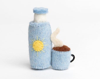 Sun Camp-Out Coffee Ornament, Hand Felted Morning Drink Thermos, Handmade Camping Trip Charm