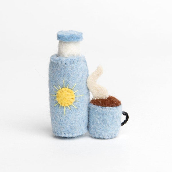 Sun Camp-Out Coffee Ornament, Hand Felted Morning Drink Thermos, Handmade Camping Trip Charm