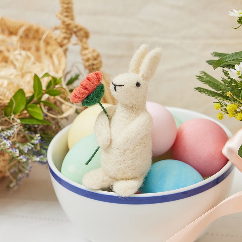 White Bunny with Flower Ornament, Hand Felted Rabbit Charm, Handmade Easter Decor image 2