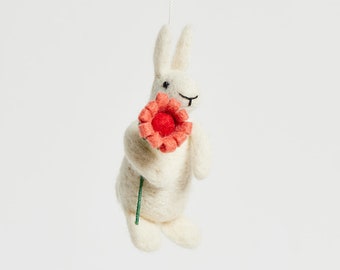 White Bunny with Flower Ornament, Hand Felted Rabbit Charm, Handmade Easter Decor
