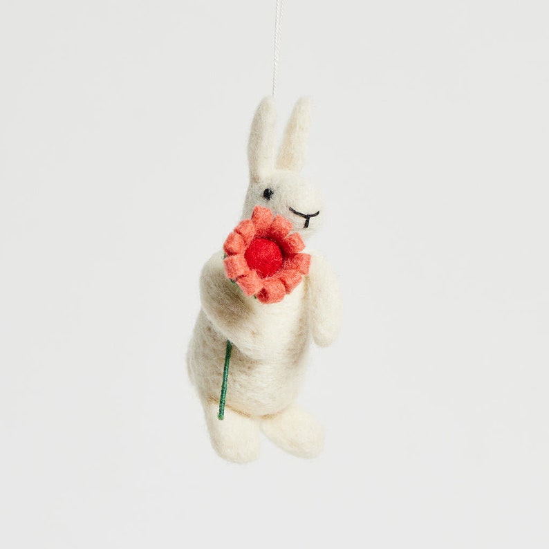 White Bunny with Flower Ornament, Hand Felted Rabbit Charm, Handmade Easter Decor image 1