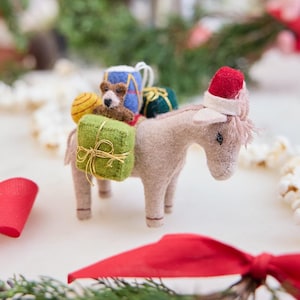 Donkey with Gifts Ornament, Handmade Felt Holiday Ornament, Christmas Donkey Decor, Unique Nativity Accent, Festive Animal Keepsake