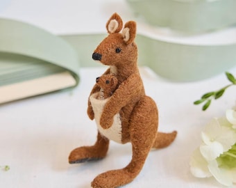 Kangur z Joey'em, ręcznie robiona dekoracja z filcu w kształcie australijskich zwierząt, pamiątka dla mamy i dziecka, przedmiot kolekcjonerski ze zwierzętami, dodatek do pokoju dziecięcego