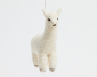 Andean Alpaca Ornament, Hand Felted White Farm Animal Ornament, Handmade South American Andes Trip Charm