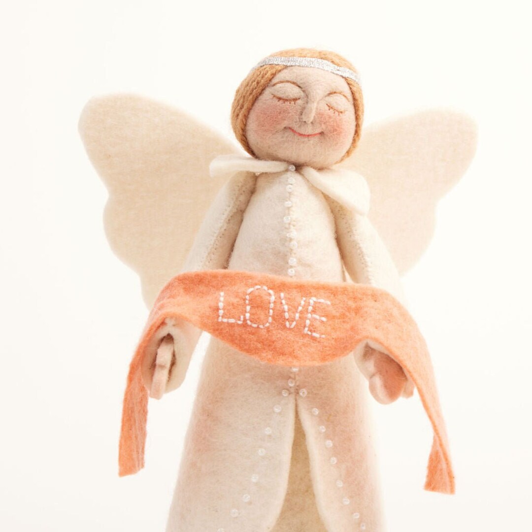 Large Message of Love Angel Tree Topper, Hand Felted Christmas Tree Adornment, Handmade 