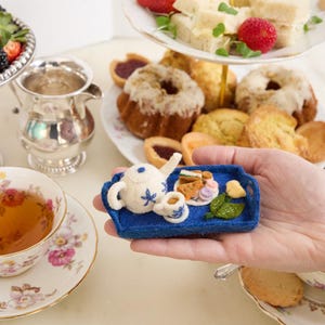 Tea Tray Ornament, Handmade Afternoon Tea Keepsake, Cottagecore Decor Gift, Felt Teapot and Treats for Cozy Holiday Decoration image 2