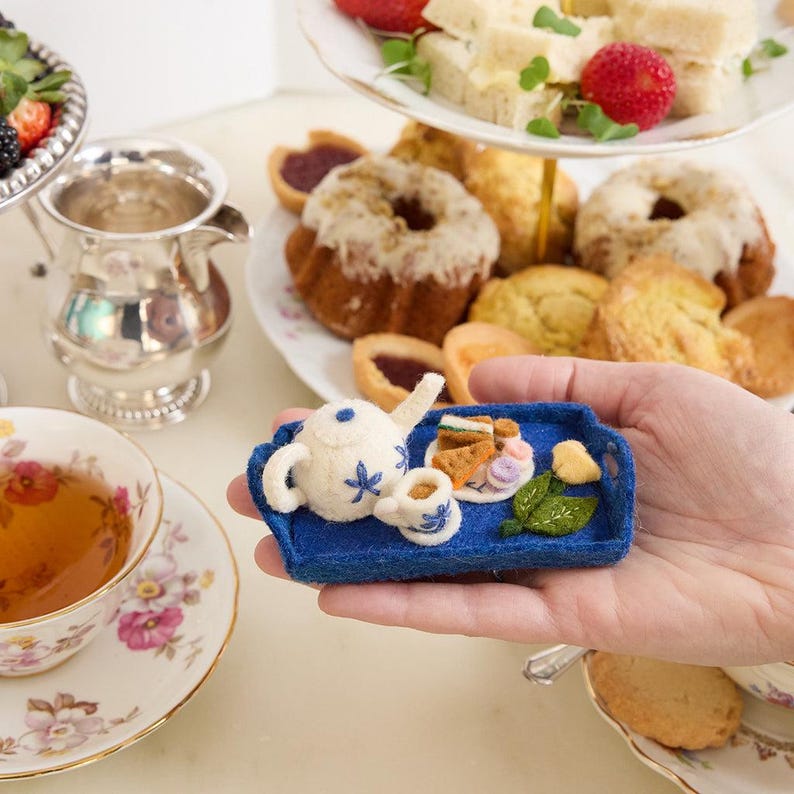 Tea Tray Ornament, Handmade Afternoon Tea Keepsake, Cottagecore Decor Gift, Felt Teapot and Treats for Cozy Holiday Decoration image 2
