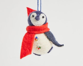 City Penguin Ornament, Hand Felted Aquatic Bird Animal Ornament, Handmade Holiday Arctic Charm