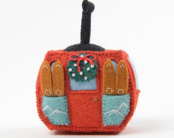 Ski Gondola Ornament, Hand Felted Festive Ski Lift Charm, Handmade Christmas Winter Decor